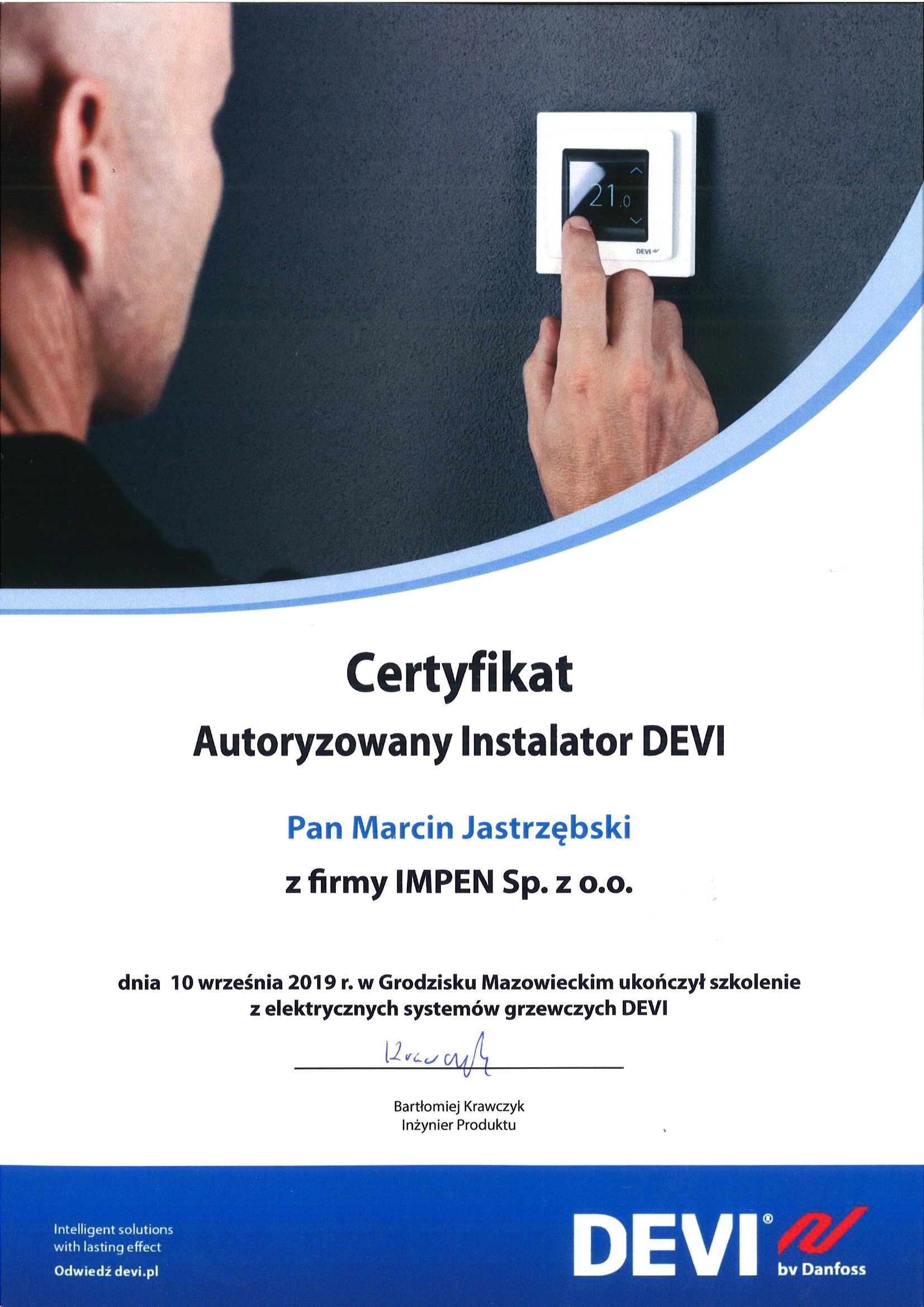 Certyfikat - Autoryzowany Instalator DEVI